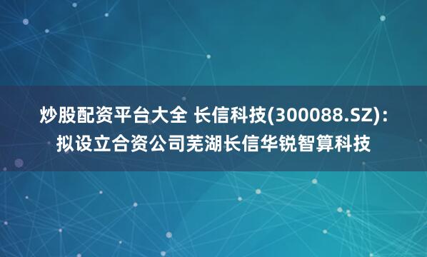 炒股配资平台大全 长信科技(300088.SZ)：拟设立合资公司芜湖长信华锐智算科技